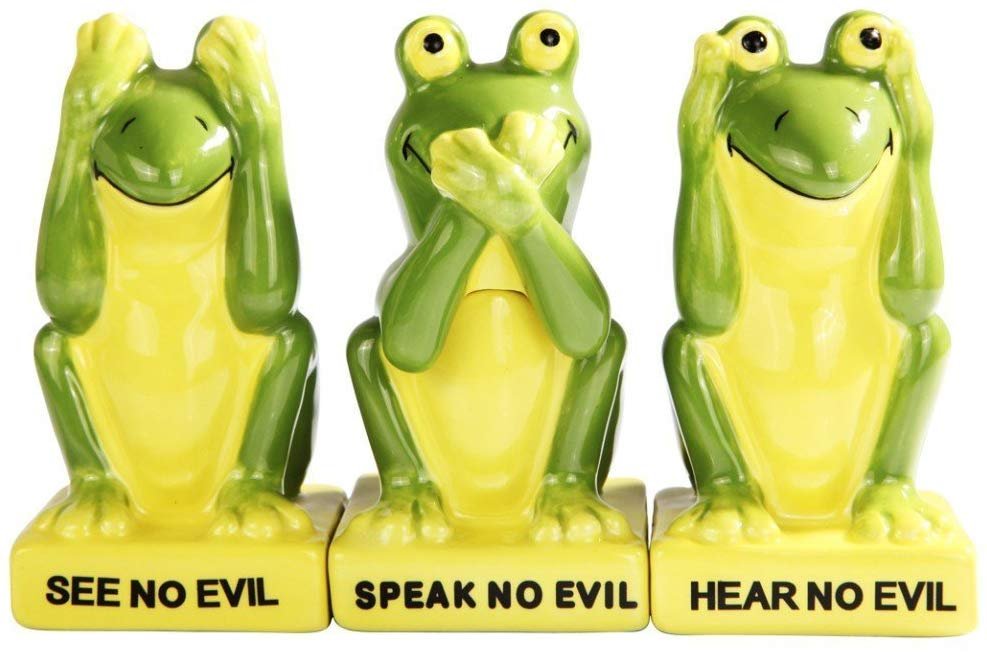 Green Frogs Froggy See Hear Speak no Evil Ceramic Salt Pepper Shakers And Toothpick Holder Attractives Trio!