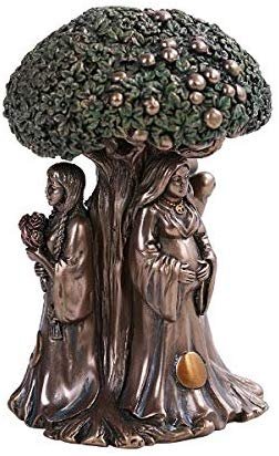 PT Triple Maiden Mother Crone Moon Goddess Under Tree of Life Cast Bronze Resin Figurine
