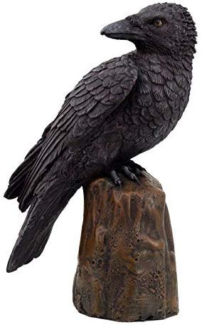Black Raven Perched On A Tree Stump Statue Halloween Home Decor