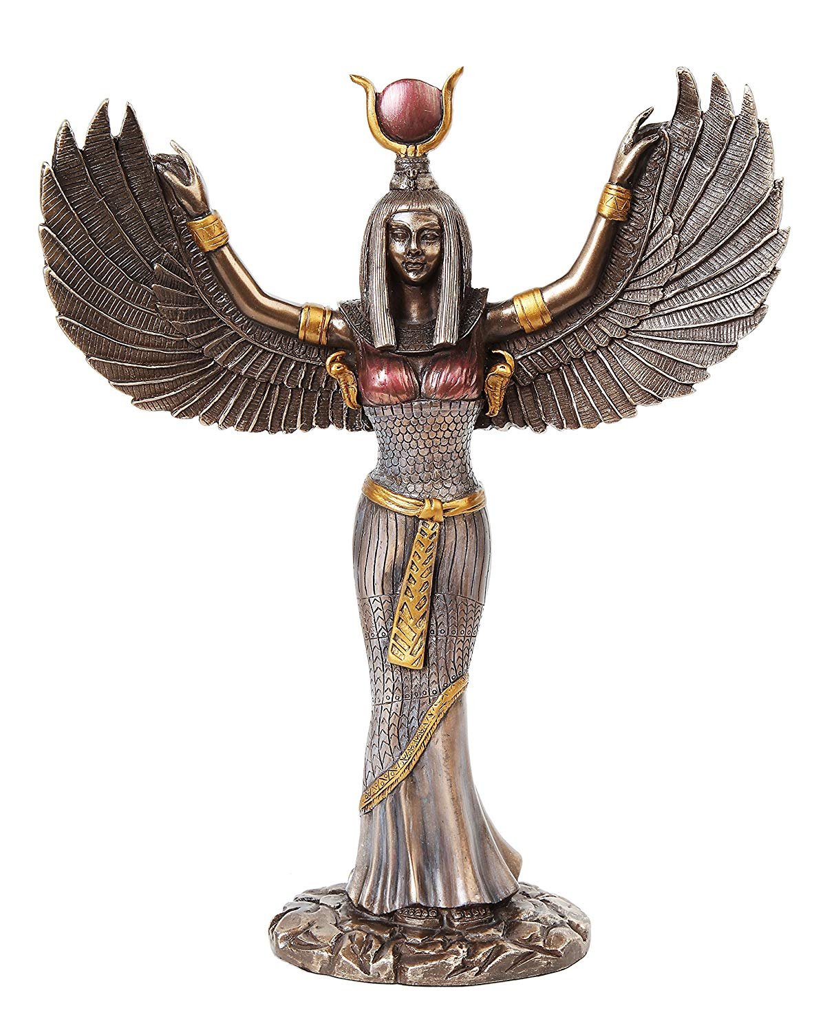 Egyptian Theme Isis Mythological Bronze Finish Figurine With Open Wings Goddess of Magic Statue Sculpture