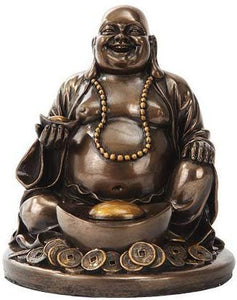 PTC 4.5 Inch Bronze Colored Lucky Buddha with Coins and Dish Figurine