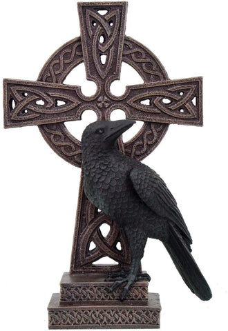 12 Inch Celtic Cross and Dark Raven Hand Painted Statue Figurine