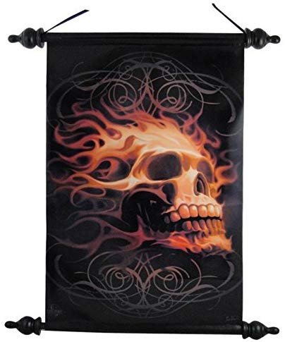 12 Inch Flaming Skeleton Skull Mystical Hanging Wall Art Scroll