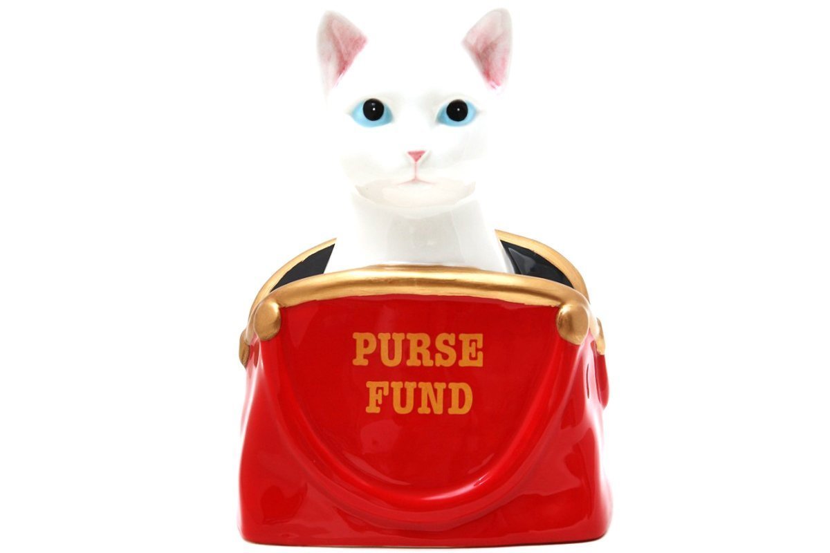 6.50 Inch Ceramic White Cat "Purse Fund" Savings Piggy/Coin/Money Bank