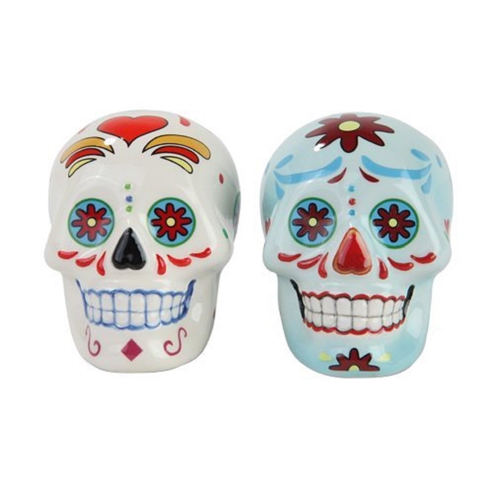 Day of the Dead White and Blue Sugar Skull Design Salt and Pepper Shakers Set