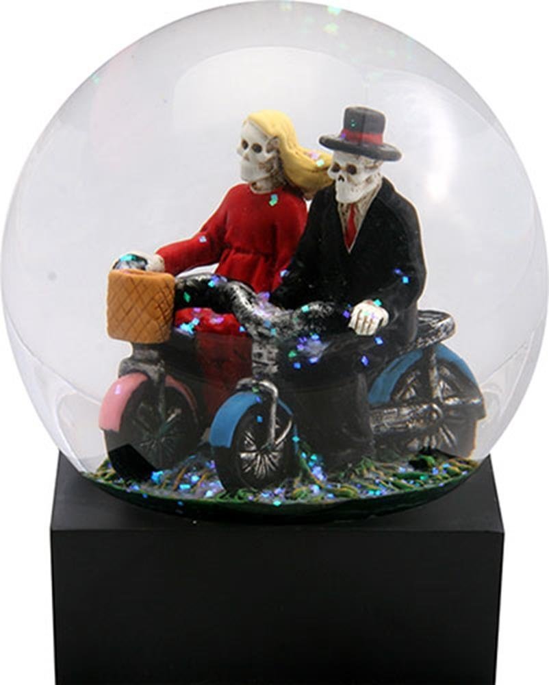 YTC Skull Lovers on Red and Blue Bicycles in a Water Globe with Glitter