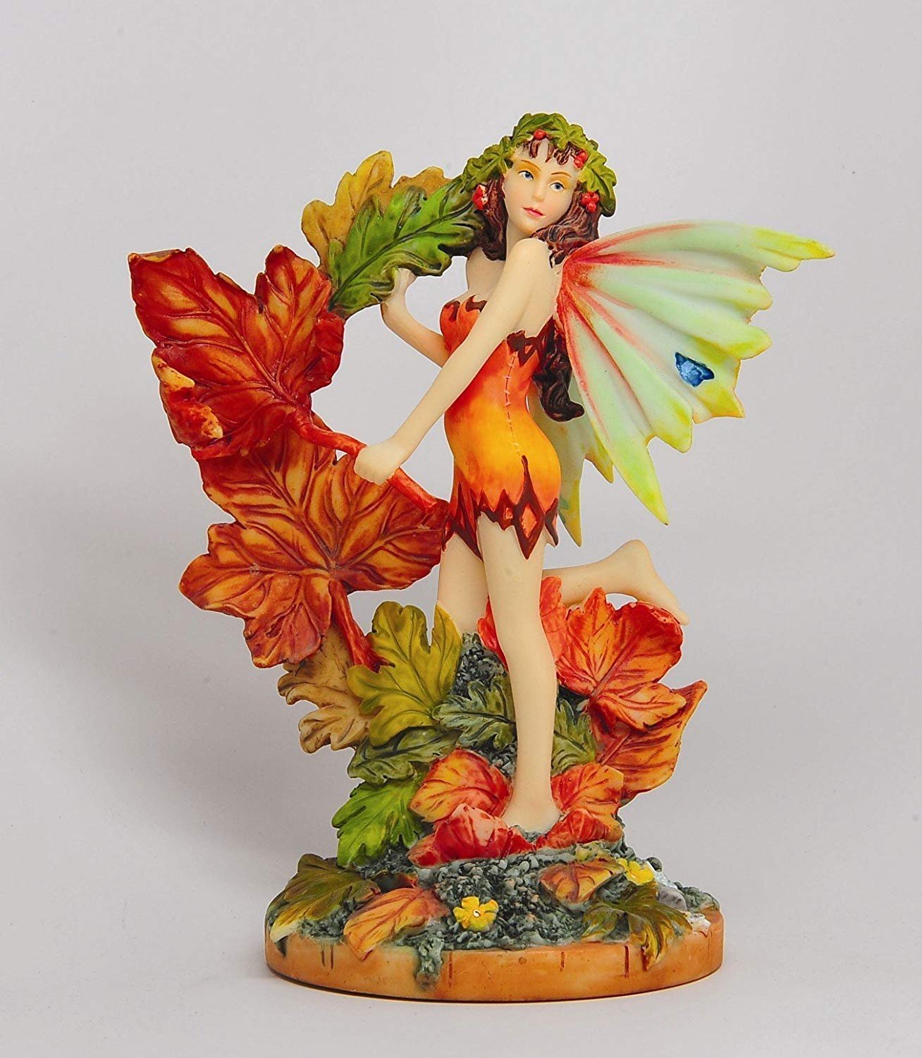 PTC Orange Autumn Leaf Winged Fairy Sitting on Foliage Statue Figurine