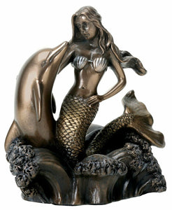 Bronze Metal Colored Ocean Mermaid with Dolphin Figurine Display