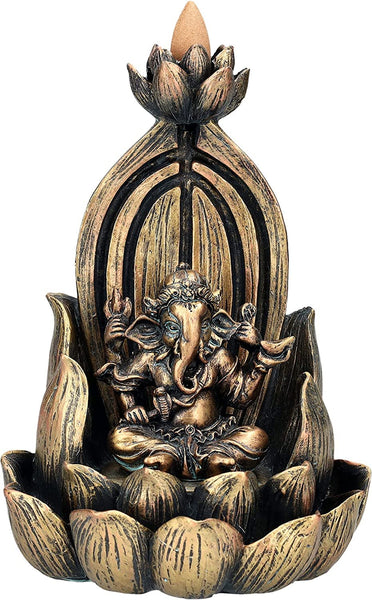 7.25" Ganesha on Lotus Backflow Incense Burner Resin Figurine