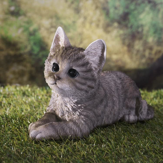 5.5" Grey Tabby Kitty Real Looking Laying Down Cat Collection Figurine