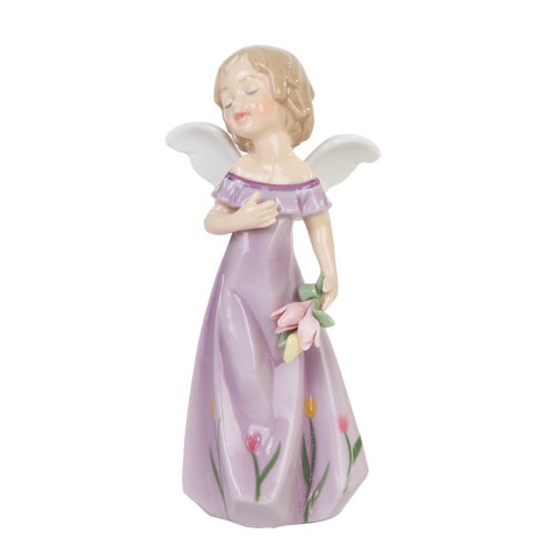 Botega Exclusive Pastel Purple Spring Floral Porcelain Angel Figurine Easter with Tulip Corsage 5” Tall