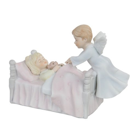 Botega Exclusive Guardian Angel Watching Over Tucking In Baby Girl Religious Statue Fine Porcelain 4.5” Tall