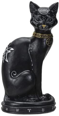 Botega Exclusive Stylized Zodiac Cat Figurine with Crescent Moon and Wiccan Charm Accents 12” Tall