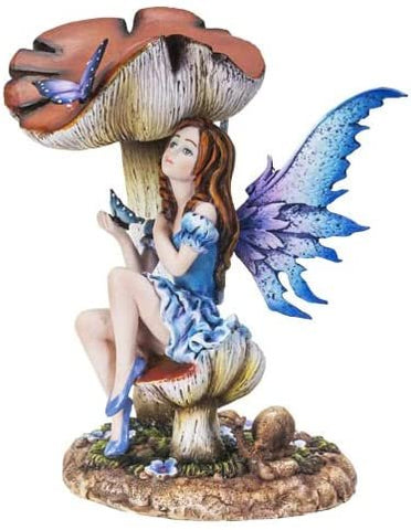 Pacific Giftware Mushroom Fairy with Butterflies in Blue Sundress Statue 7” Tall