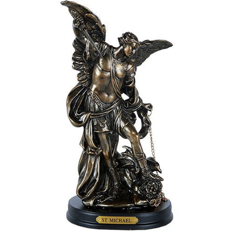 St. Michael San Miguel The Great Protector Archangel Defeating Satan Figurine 8 Inch Tall Wooden Base with Brass Name Plate