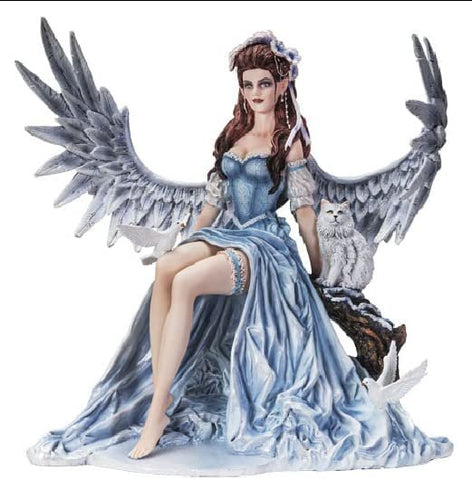 Botega Exclusive Winter Angel Fairy with Dove and Fox Companions in Pale Blue Snow Gown Statue 11” Tall