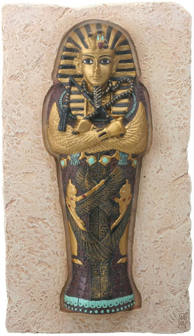 YTC 8 Inch Egyptian King TUT Coffin Set in Stone Background Plaque