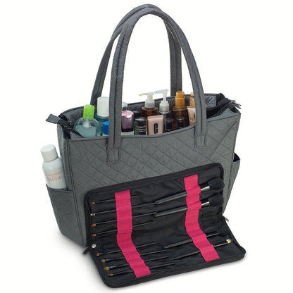 Quilted Shoulder Beauty Bag With Brush Storage Pocket Ideal for Cosmetic Bottles Brushes (Grey)