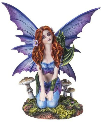 Botega Exclusive Red Haired Mushroom Dream Fairy with Green Dragon Companion Statue 6” Tall