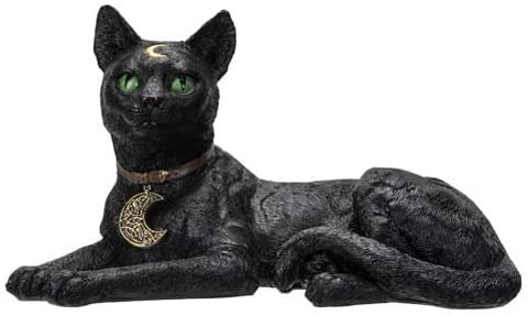 Pacific Giftware Realistic Black Cat Laying Sculpture with Crescent Moon and Wicca Charm 7” Tall