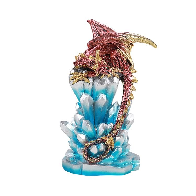 Fantasy Guarding Red Dragon on Crystal Gemstone Rock Figurine Statue Home Decor Collectible