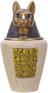 Botega Exclusive Egyptian Bastet Head Canopic Jar with Hieroglyphics and Removable Lid 13” Tall