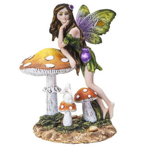 Pacific Giftware Mushroom Butterfly Fairy in Green Natural Dress with Bunny Companion Statue 6” Tall