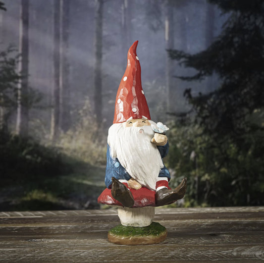White Polka Dots Hat Santa Gnome with Mushroom Wood Like Resin Figurine