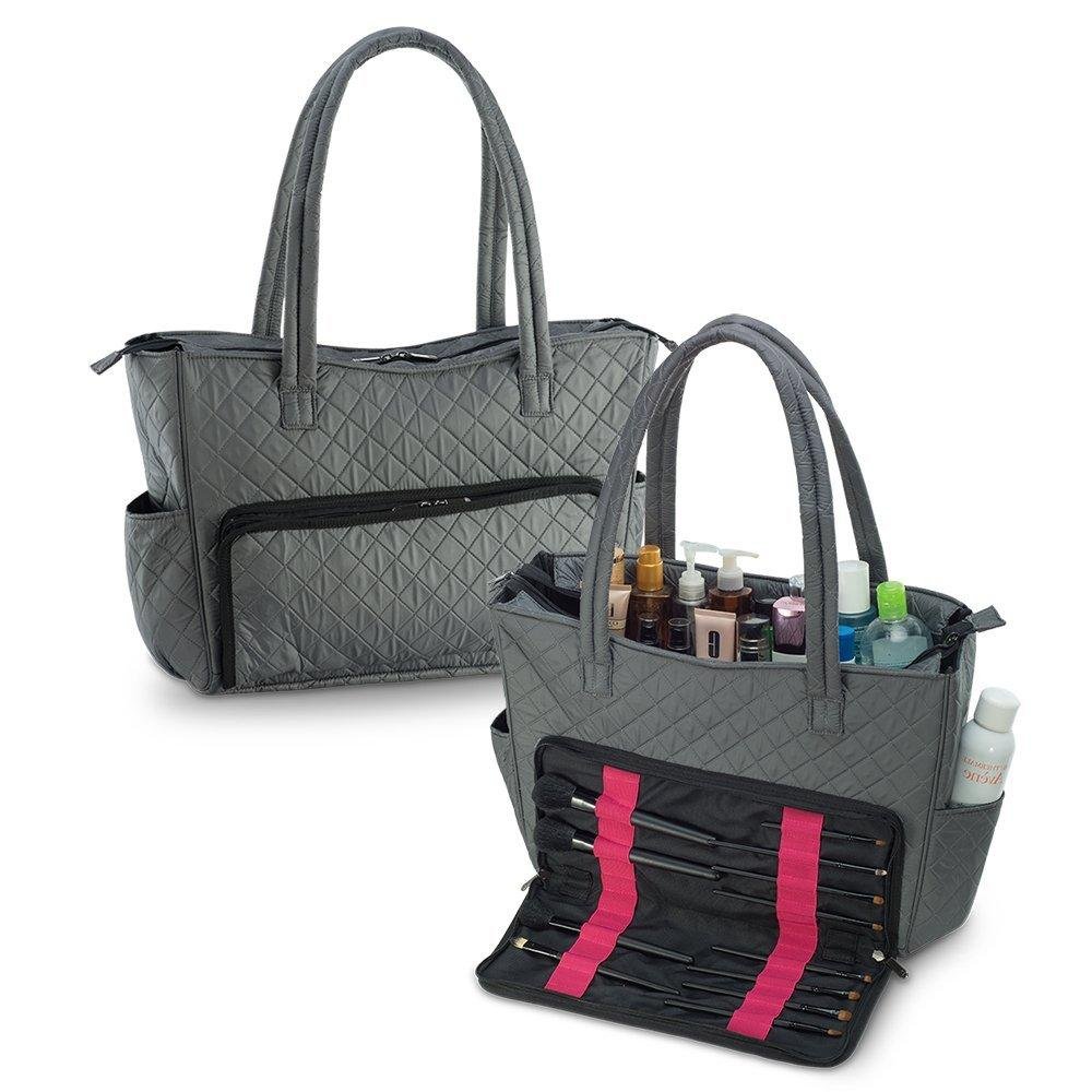 Quilted Shoulder Beauty Bag With Brush Storage Pocket Ideal for Cosmetic Bottles Brushes (Grey)