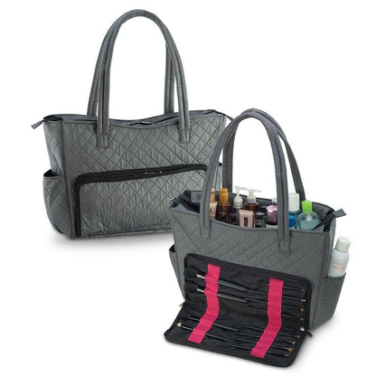 Quilted Shoulder Beauty Bag With Brush Storage Pocket Ideal for Cosmetic Bottles Brushes (Grey)