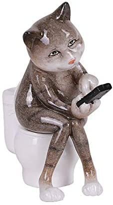 Botega Exclusive Sly Grey Cat Hides Inside The Restroom to Play with Cell Phone While Sitting on Top of Toilet Figurine