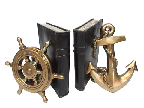 Pacific Giftware Rustic Nautical Ship Wheel and Anchor Decorative Bookends Set 7 Inch Tall