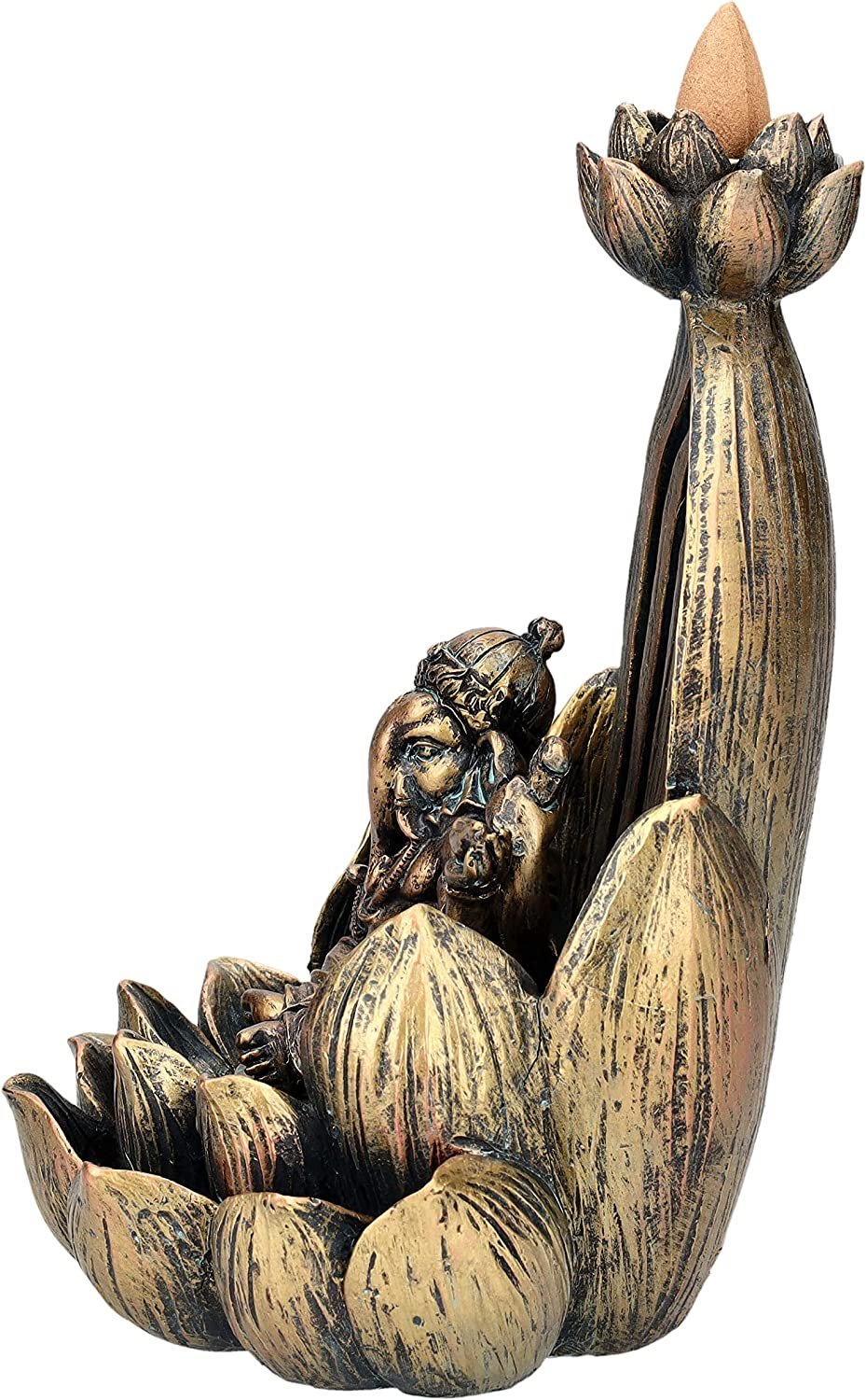 7.25" Ganesha on Lotus Backflow Incense Burner Resin Figurine
