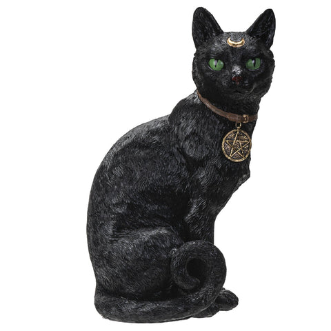 Pacific Giftware Realistic Black Cat Sculpture with Crescent Moon and Wicca Charm 12” Tall