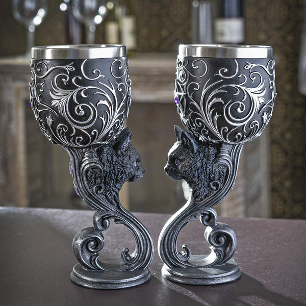 Summit Collection Familiars Love Twin Couple Black Cats Heart Set of Two Goblets 7.25 inches Tall 7 fl oz Double Chalice Set