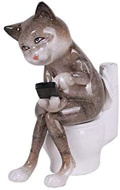 Botega Exclusive Sly Grey Cat Hides Inside The Restroom to Play with Cell Phone While Sitting on Top of Toilet Figurine