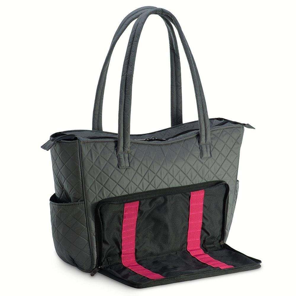 Quilted Shoulder Beauty Bag With Brush Storage Pocket Ideal for Cosmetic Bottles Brushes (Grey)