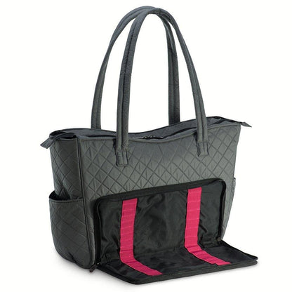 Quilted Shoulder Beauty Bag With Brush Storage Pocket Ideal for Cosmetic Bottles Brushes (Grey)