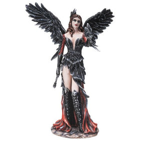 Botega Exclusive Gothic Raven Crow Trainer Angel Fairy in Black and Crimson Feather Gown Statue 13.75” Tall