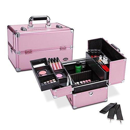 Makeup Train Case 14.5" Professional Cosmetic Organizer Box with Removable/Adjustable Dividers