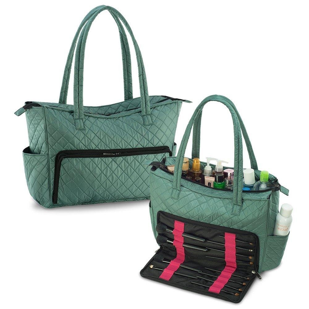 Quilted Shoulder Beauty Bag With Brush Storage Pocket Ideal for Cosmetic Bottles Brushes (Grey)