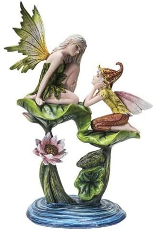 Pacific Giftware Spring Lotus Fairy with Elf on Lily Pads Statue 10” Tall