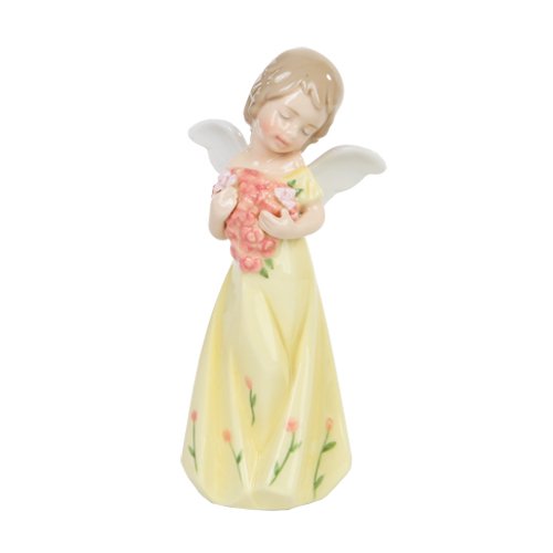 Botega Exclusive Pastel Yellow Spring Floral Porcelain Angel Figurine Easter with Rose Bouquet 5” Tall