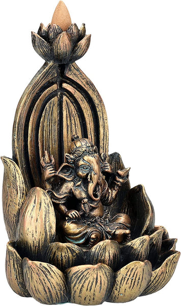 7.25" Ganesha on Lotus Backflow Incense Burner Resin Figurine